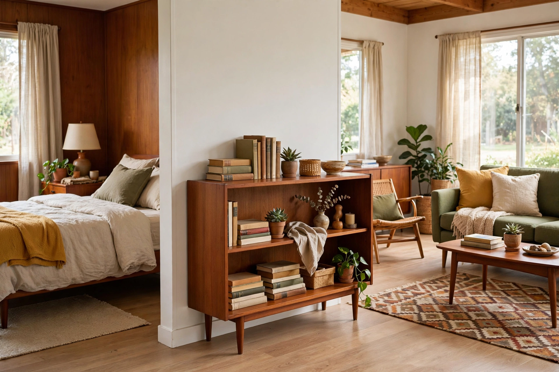 Low teak bookcase dividing a bedroom zone from living space in a mid-century modern studio