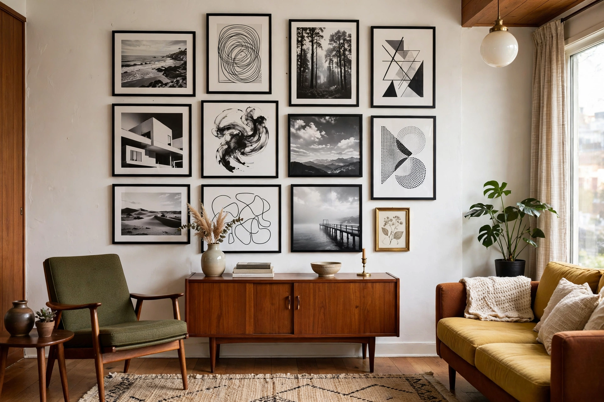 Black-and-white gallery wall in thin black frames in a mid-century modern studio apartment