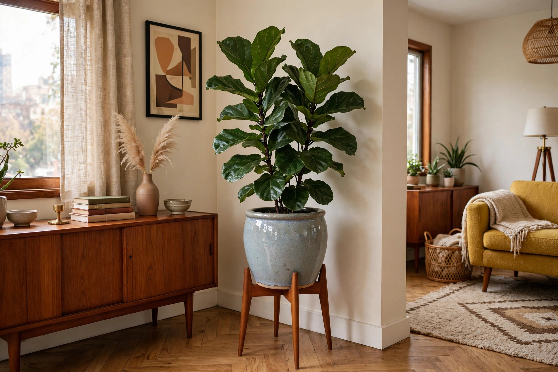 Fiddle leaf fig in a ceramic planter on a teak stand in a mid-century modern studio corner