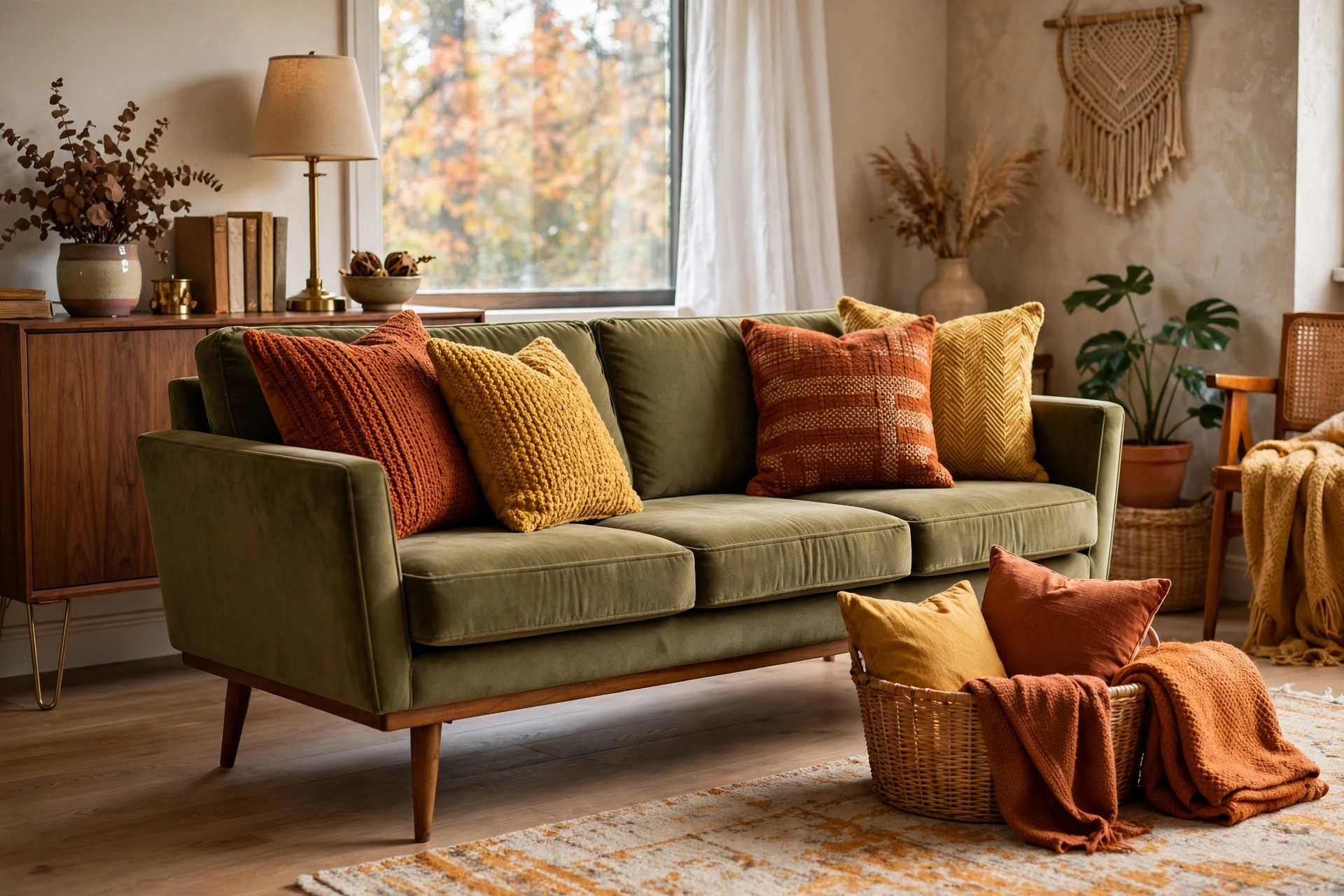 Mid-century modern sofa with seasonal throw pillows being refreshed in warm autumn tones