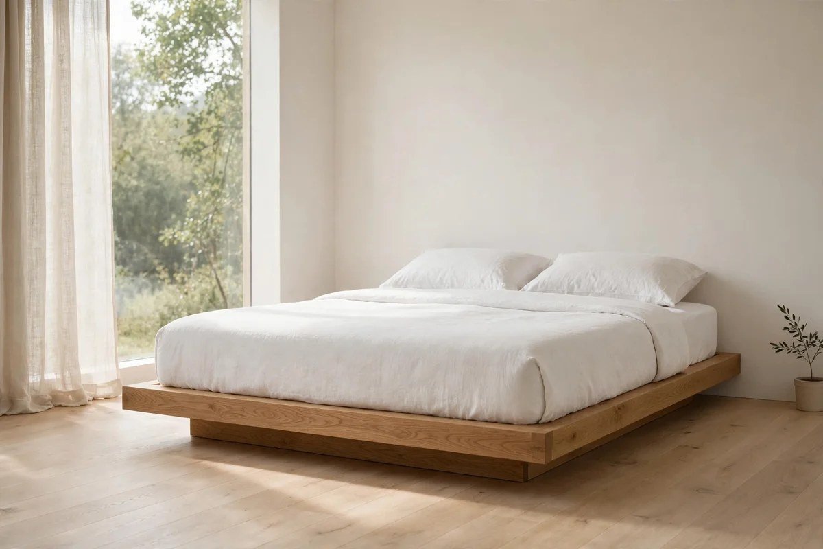 Minimalist bedroom with low oak platform bed and white linen bedding