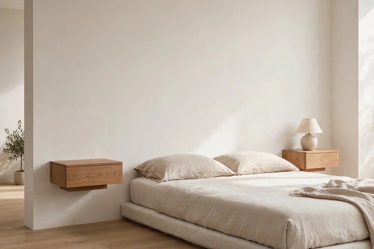 Minimalist bedroom with wall mounted floating oak nightstands