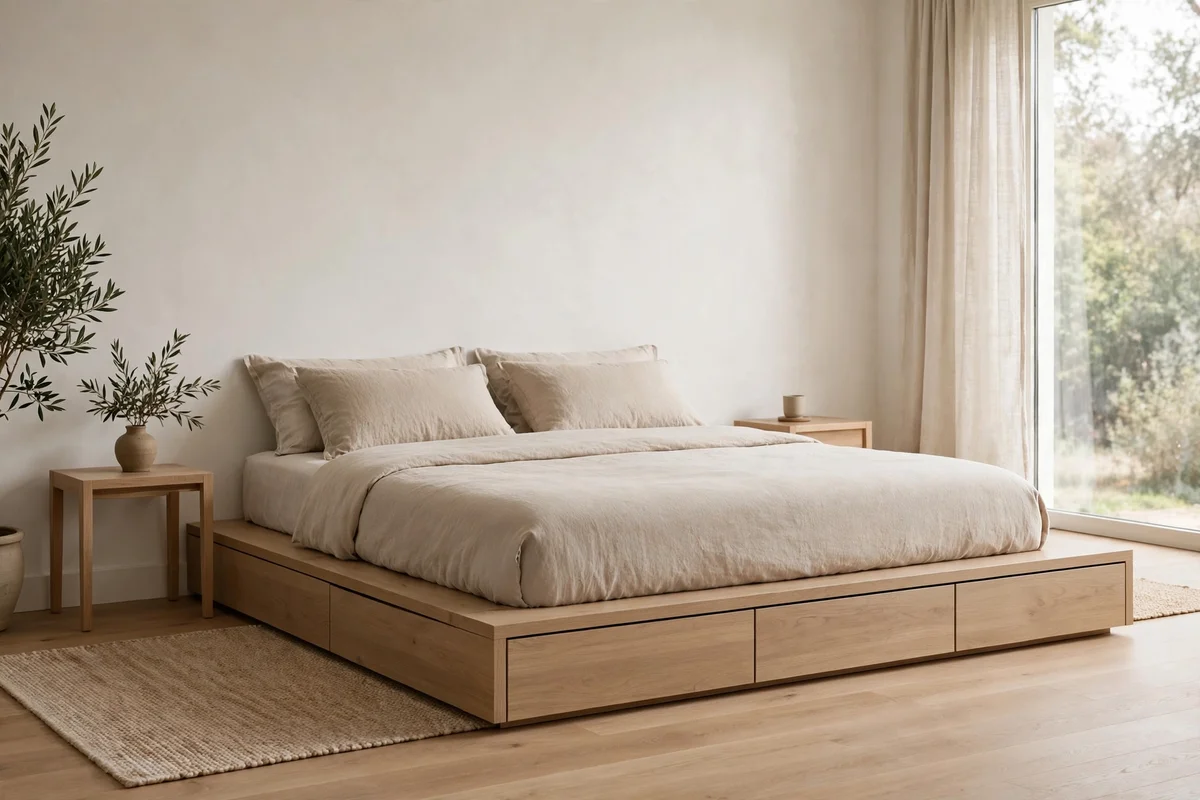 Minimalist storage platform bed with hidden drawers and neutral bedding