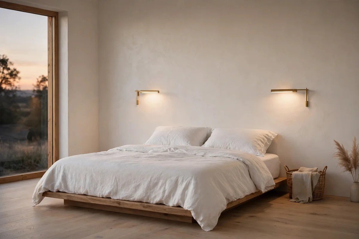 Minimalist bedroom with slim brass wall sconces above platform bed