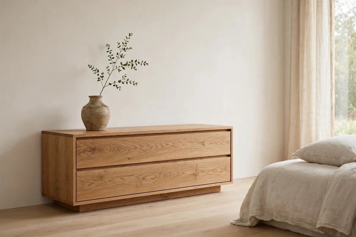 Minimalist bedroom dresser styled with single ceramic vase
