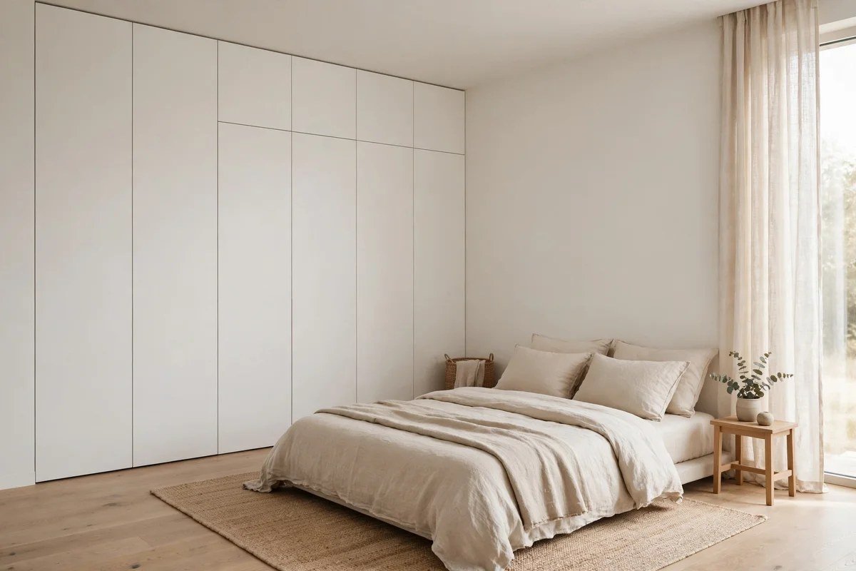 Minimalist bedroom with handleless built in wardrobe doors