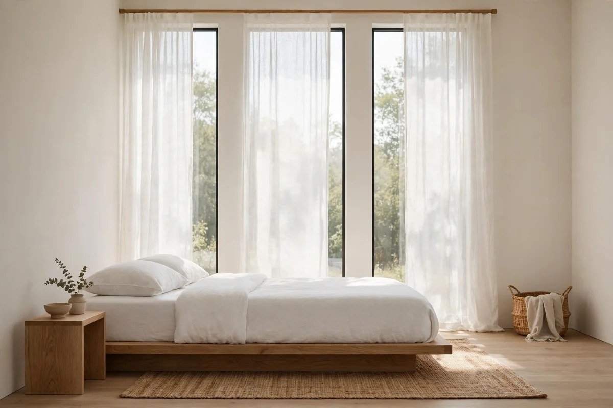 Minimalist bedroom with sheer white linen curtains on tall windows