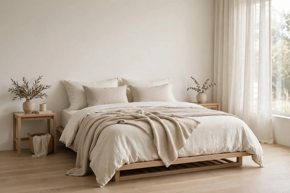 Minimalist bedroom with layered neutral beige bedding