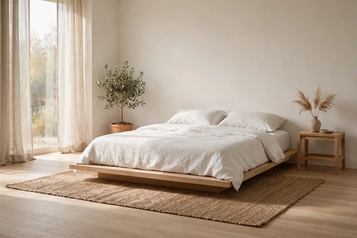 Minimalist bedroom with single natural jute rug under platform bed