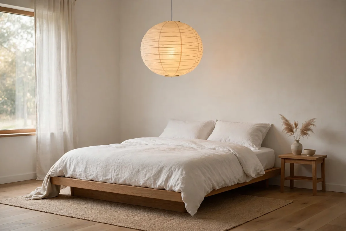 Minimalist bedroom with glowing paper lantern pendant light