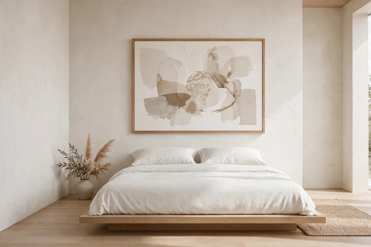 Minimalist bedroom with one large neutral abstract artwork above bed