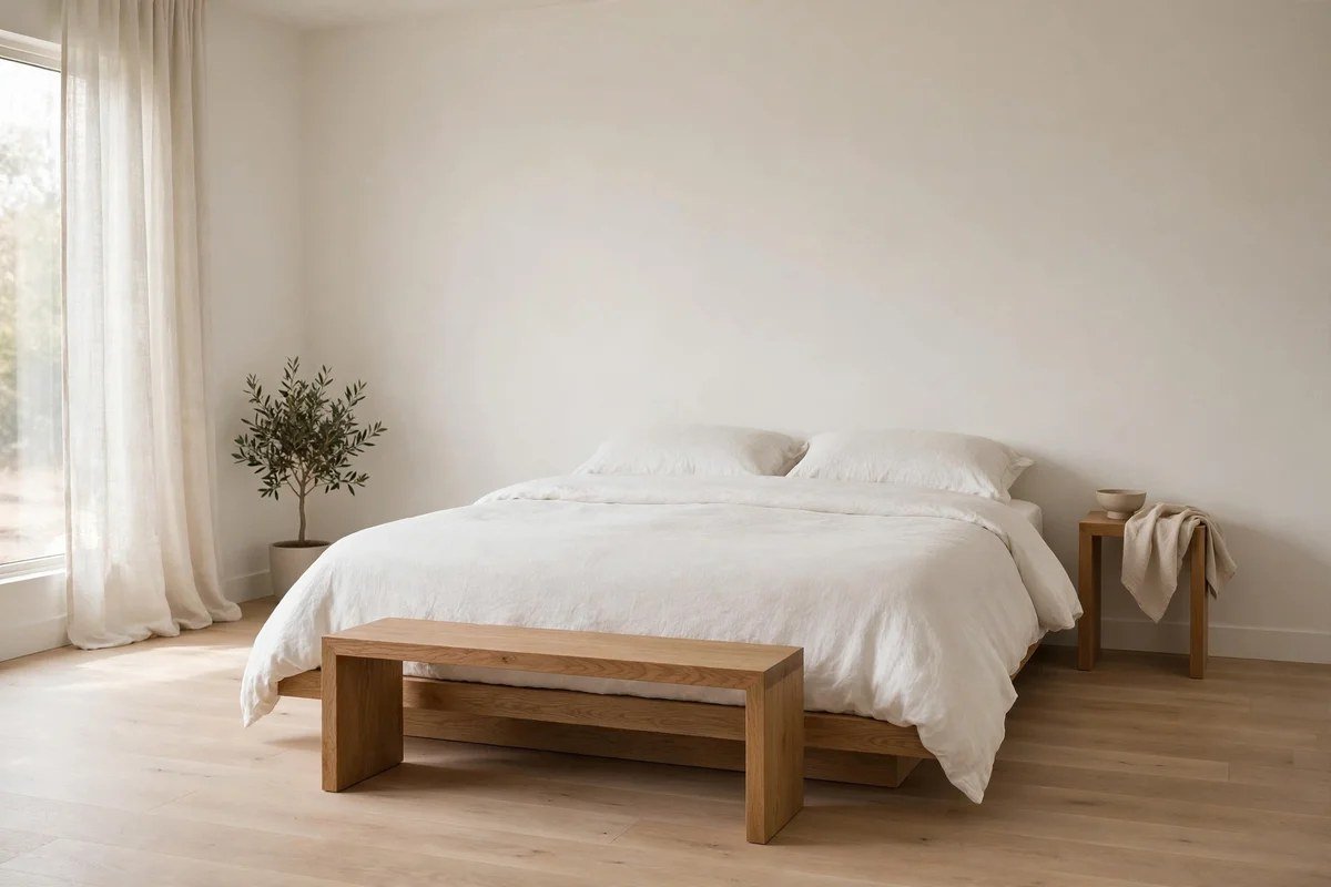 Minimalist bedroom with simple solid oak bench at foot of bed