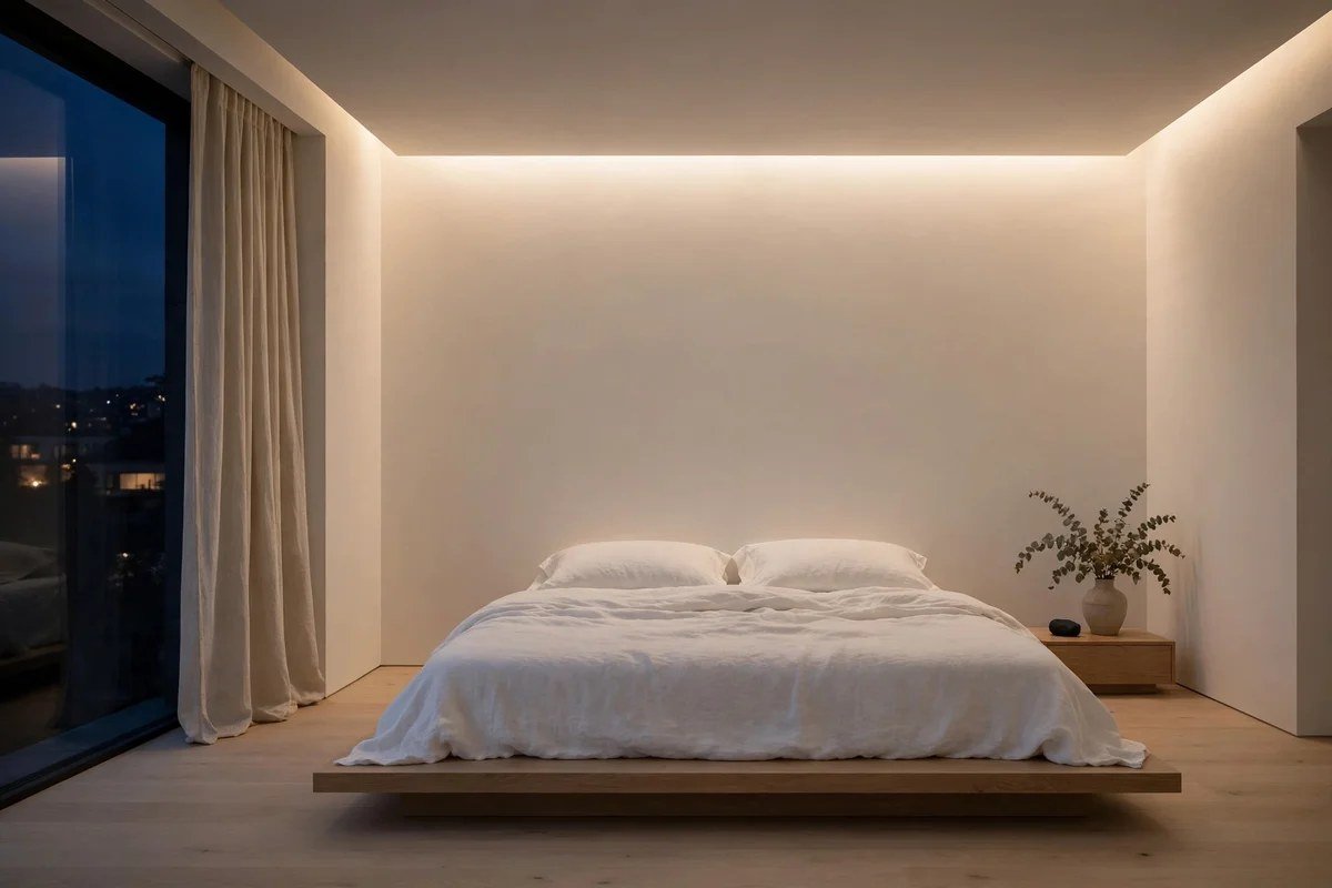 Minimalist bedroom with soft recessed cove lighting on walls