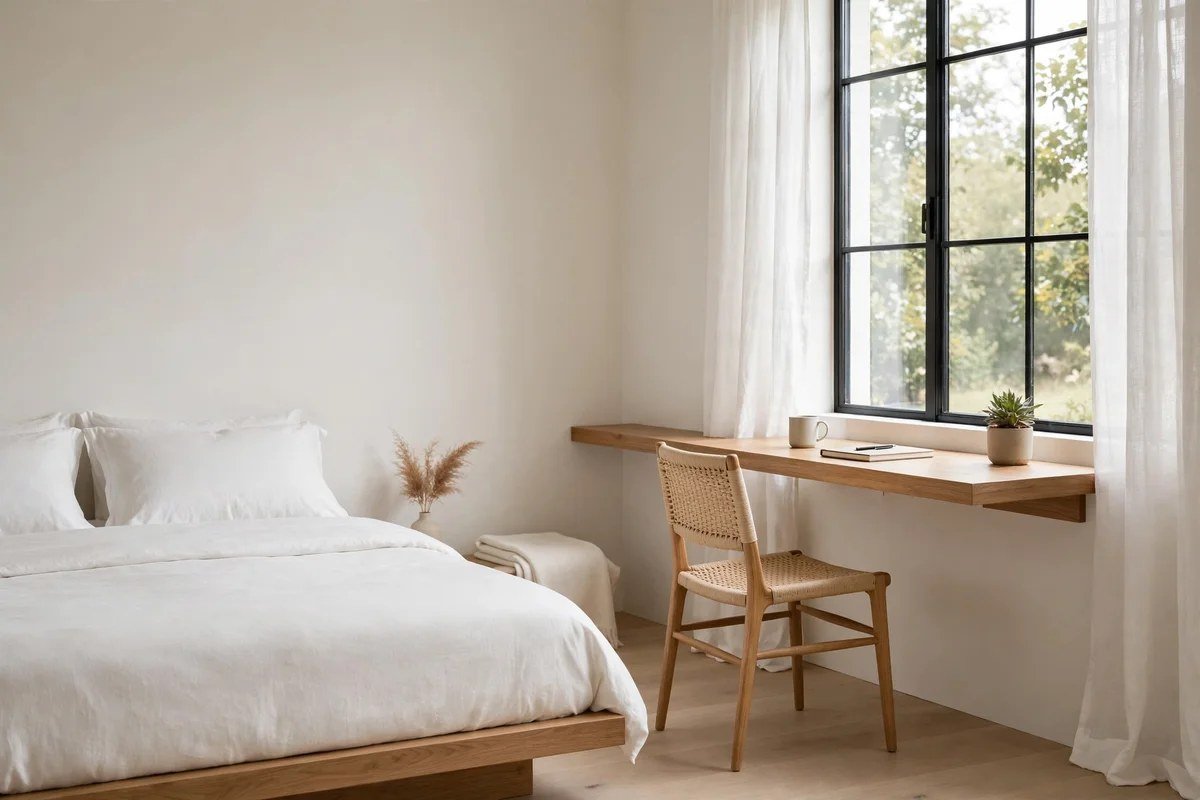 Minimalist bedroom corner with slim floating oak desk by window