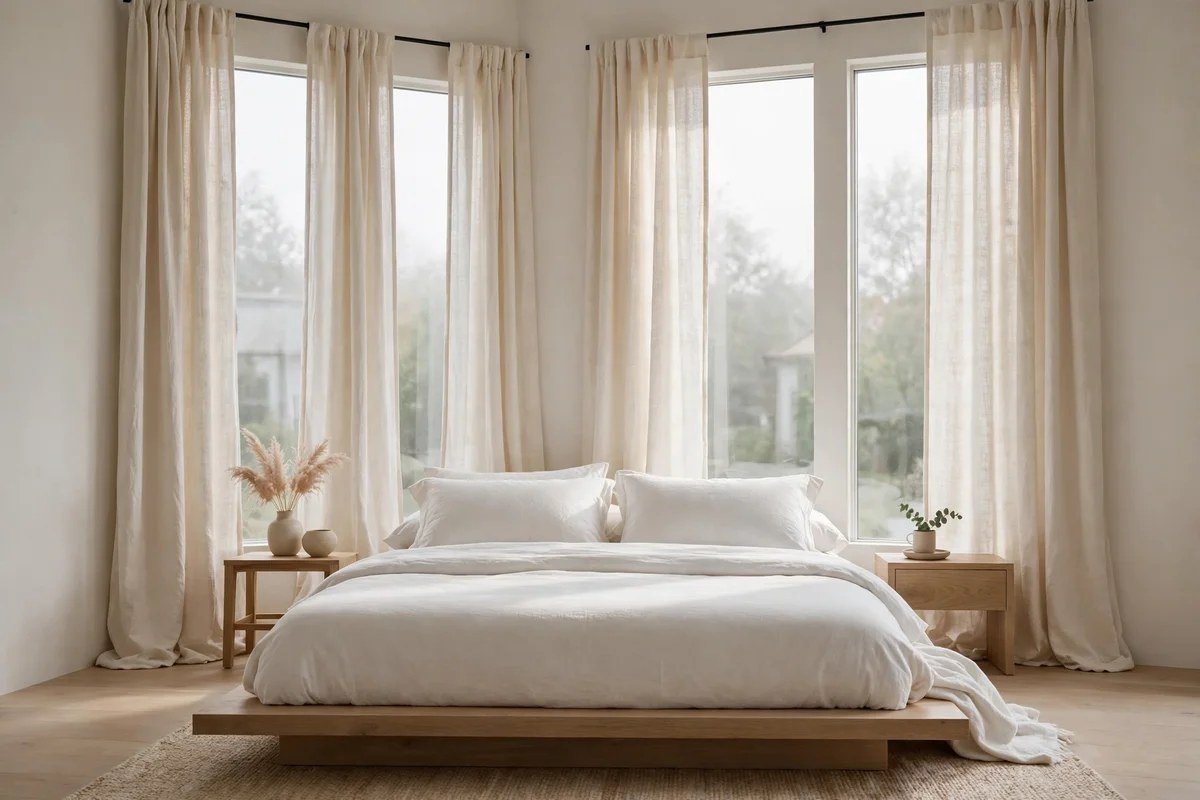 Minimalist bedroom with natural linen blackout curtains