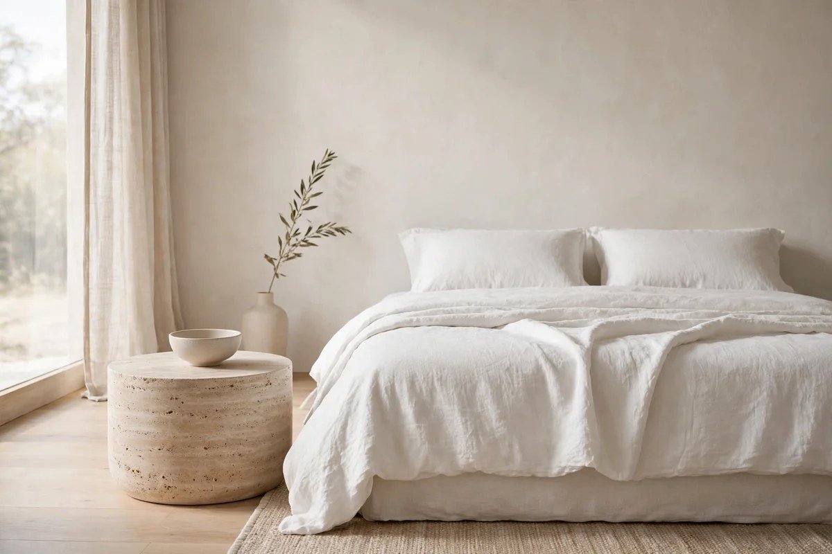 Minimalist bedroom with round travertine side table beside bed