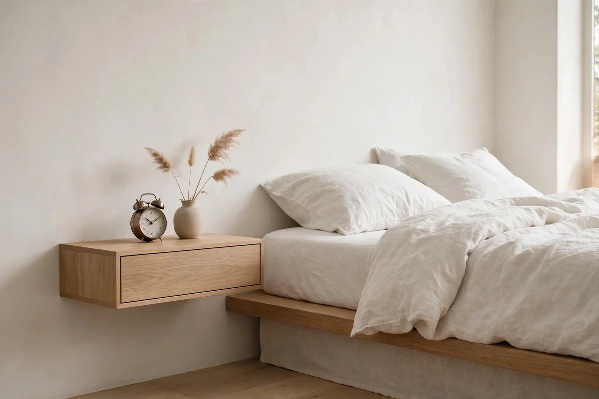 Minimalist bedside with simple analog alarm clock on nightstand