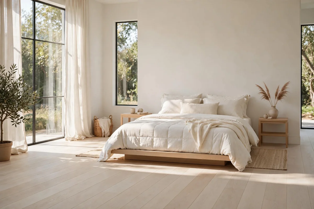 Minimalist bedroom with pale white oak wide plank flooring