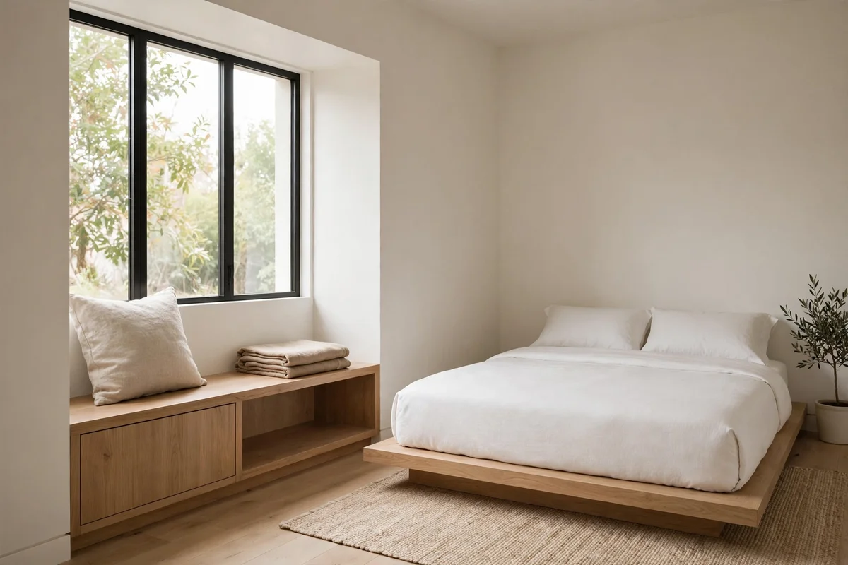 Minimalist bedroom with small built in window reading nook