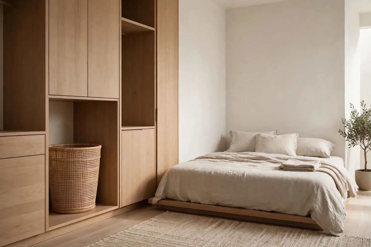 Minimalist bedroom closet with hidden woven laundry hamper