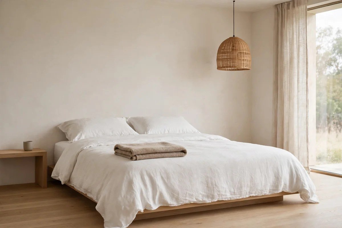 Minimalist bedroom with single folded natural wool throw on bed