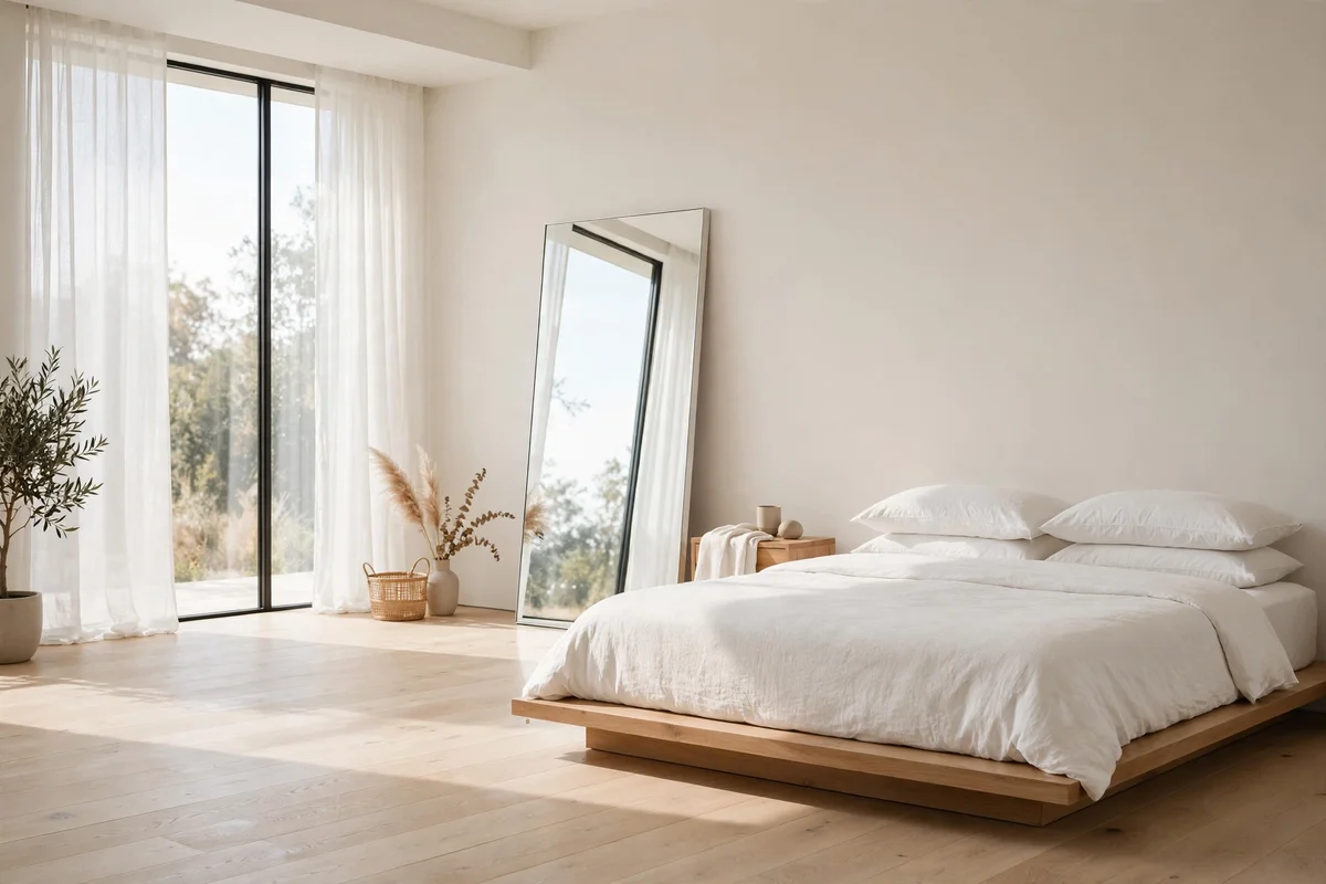 Minimalist bedroom with tall frameless floor mirror leaning on wall