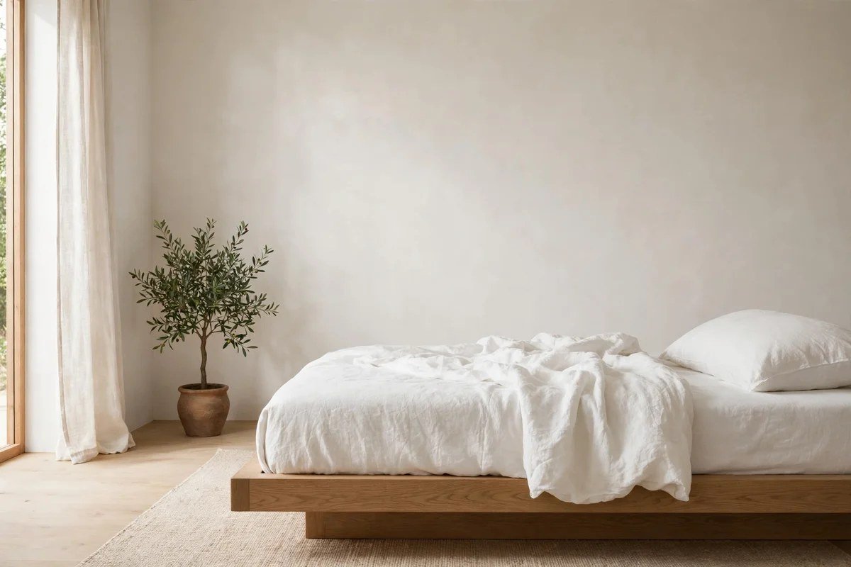 Minimalist bedroom with single olive tree in clay pot
