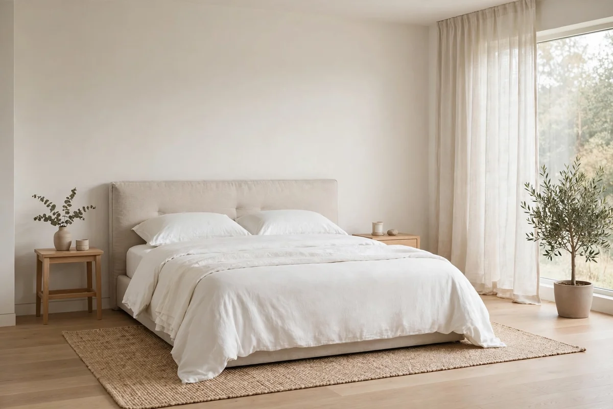 Minimalist bedroom with low oatmeal linen upholstered headboard