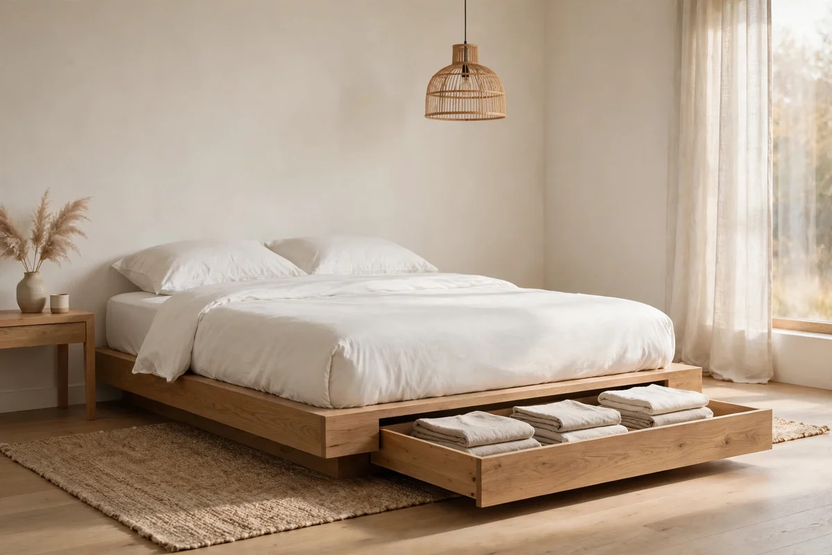 Minimalist bedroom with under bed drawer holding folded linens