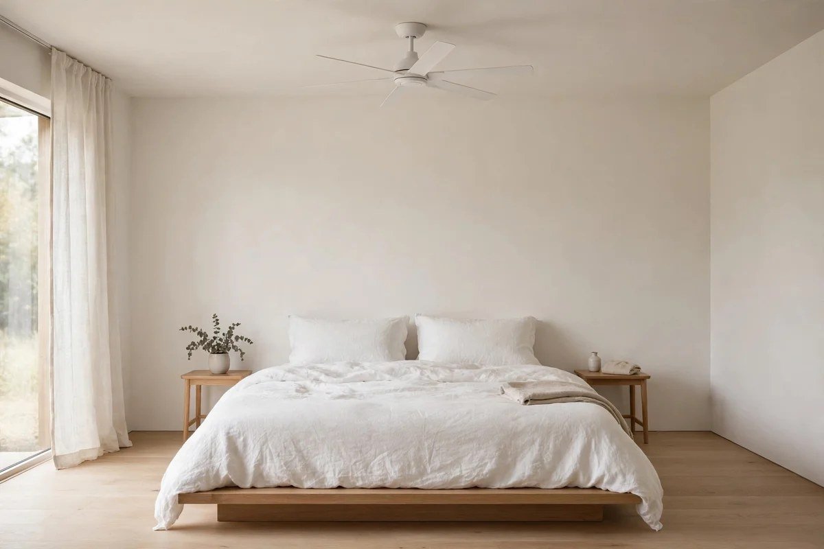 Minimalist bedroom with slim modern white ceiling fan