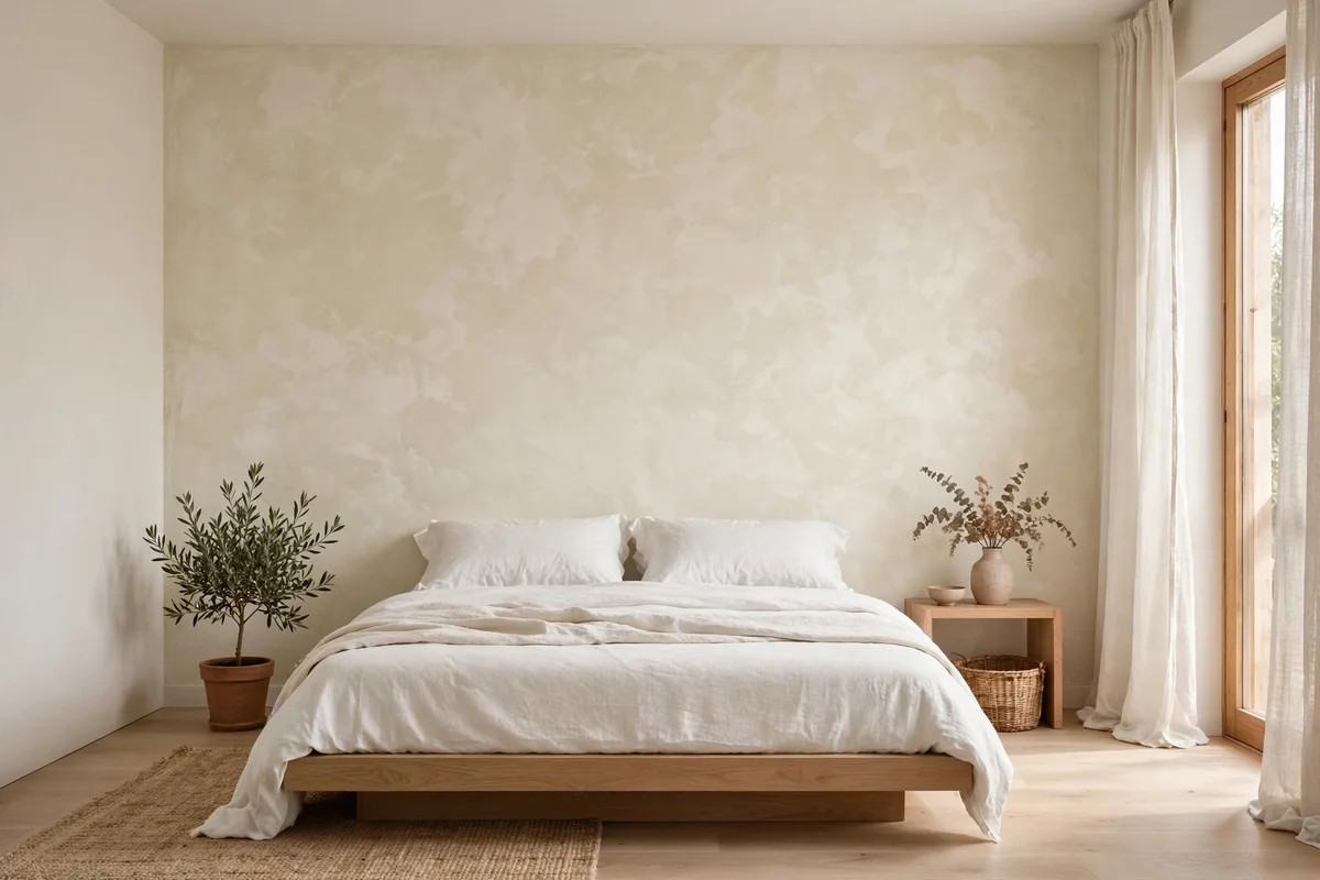 Minimalist bedroom with warm white limewash plaster accent wall