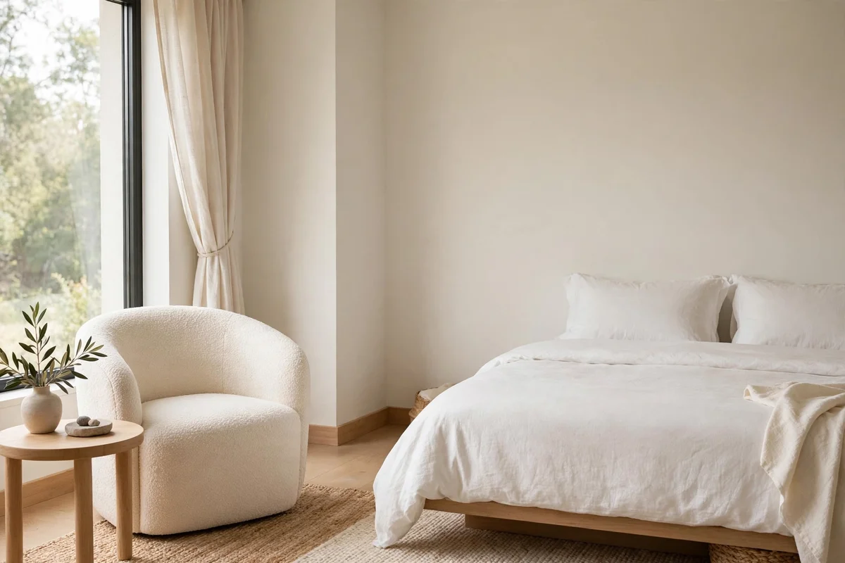 Minimalist bedroom corner with cream boucle accent chair