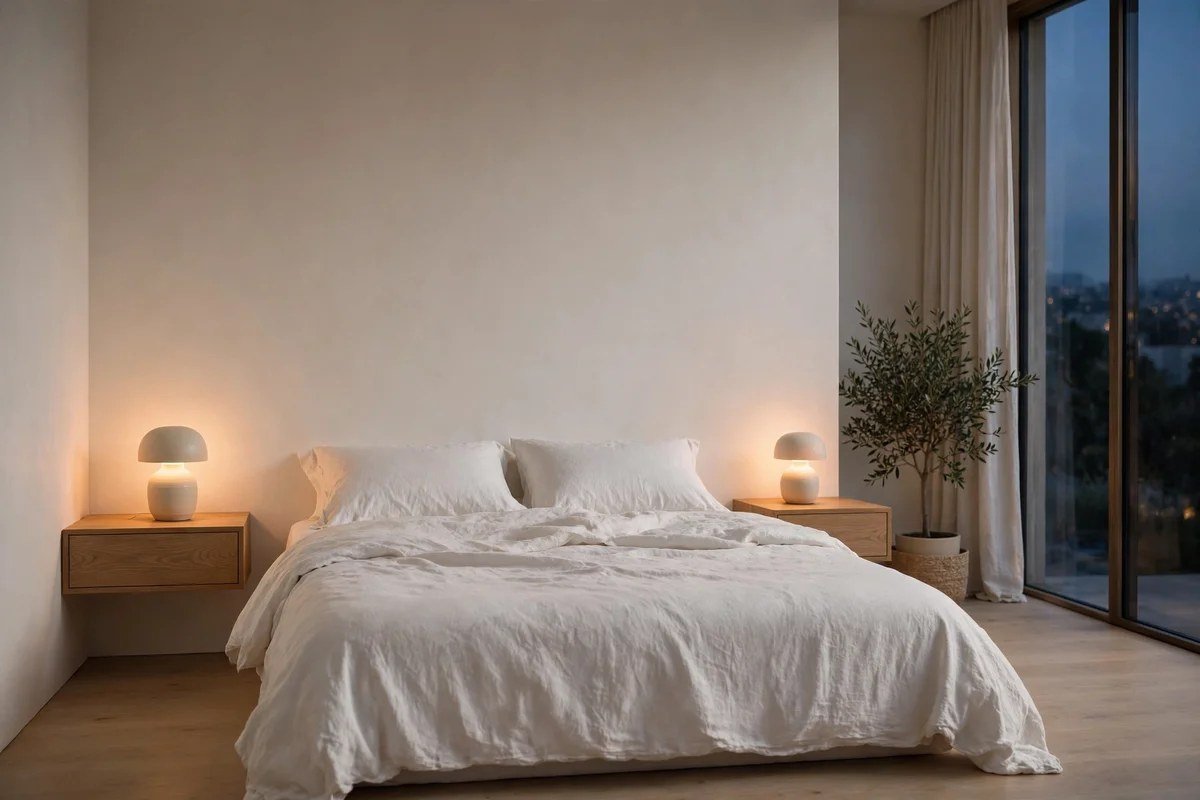 Minimalist bedroom with dimmable ceramic lamps glowing softly