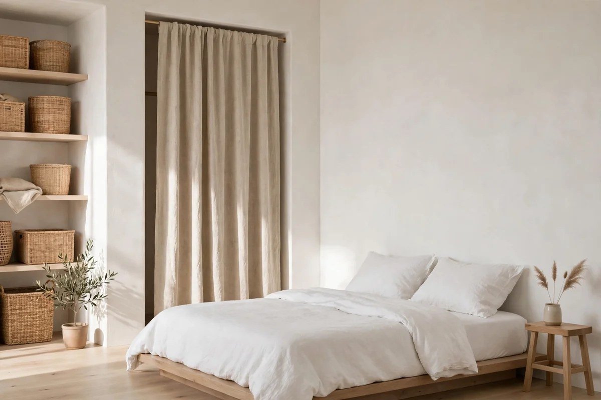 Minimalist bedroom with open wardrobe closed by linen curtain