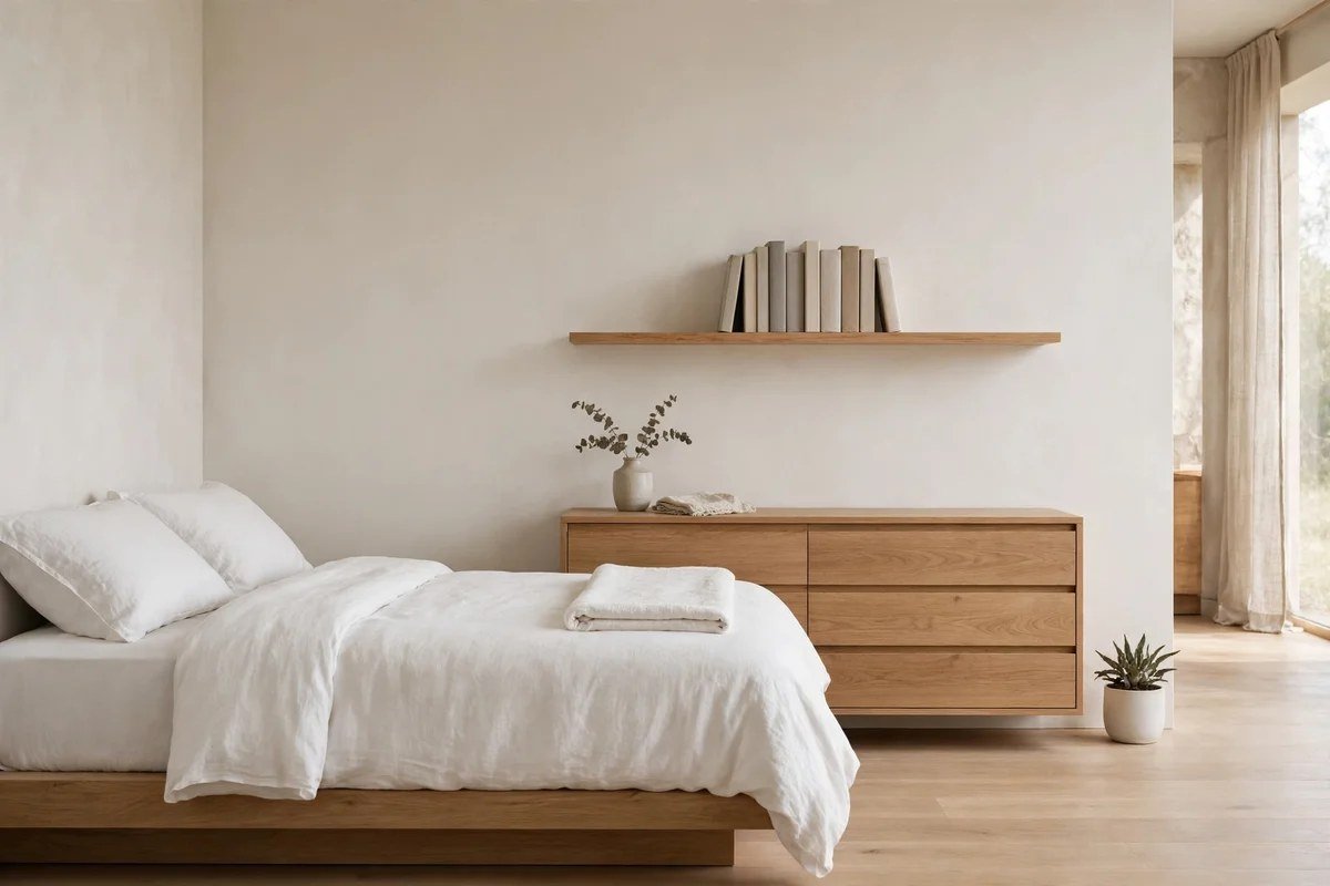 Minimalist bedroom with single oak floating shelf of books