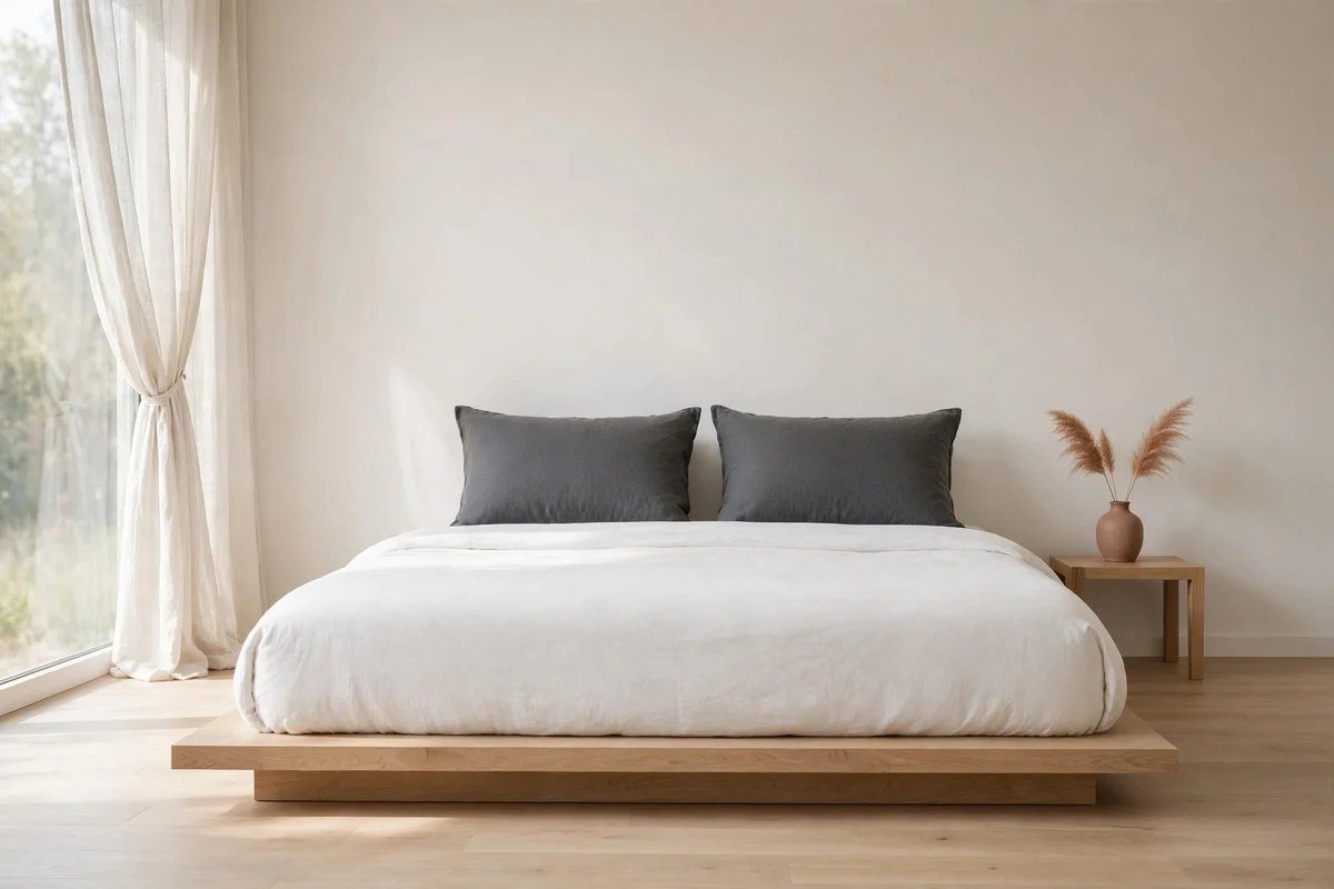 Minimalist bedroom with white bedding and two charcoal accent pillows