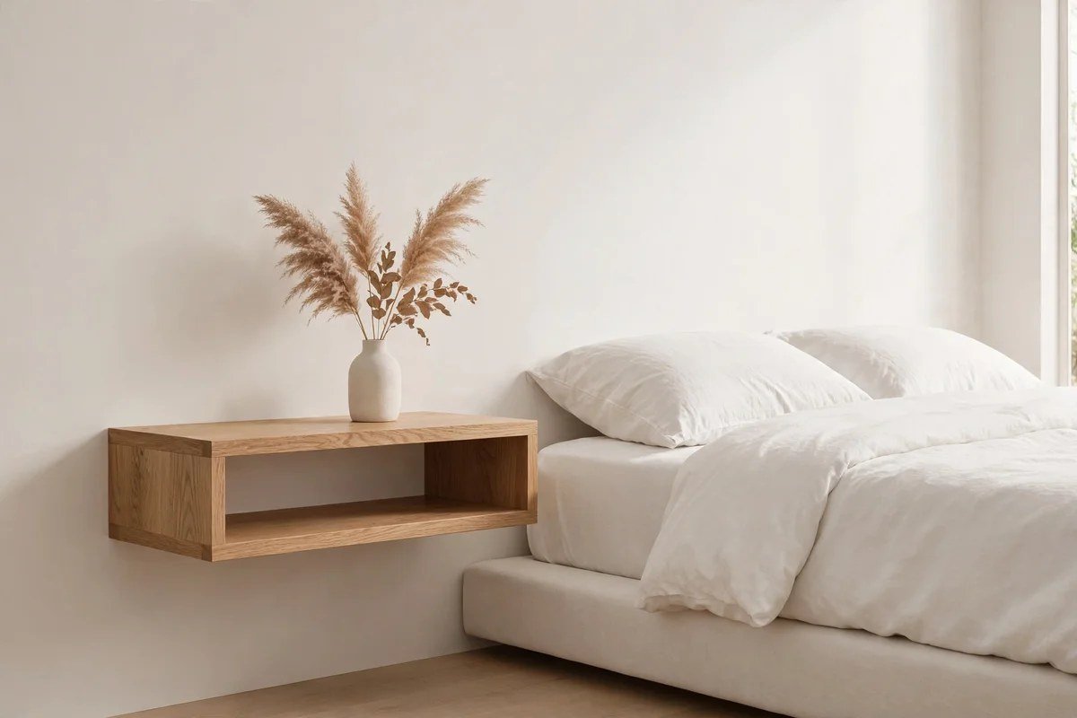 Minimalist bedroom nightstand with no visible cables or cords