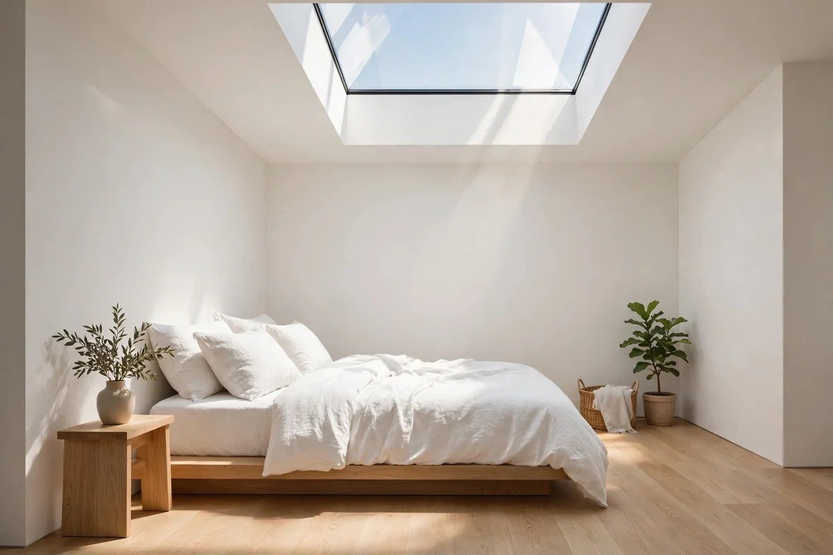 Minimalist bedroom with skylight pouring daylight over bed