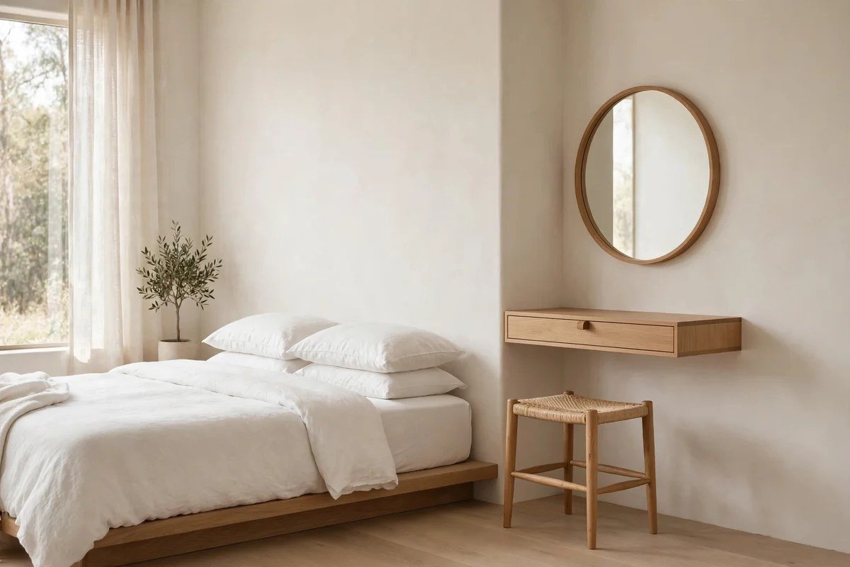 Minimalist bedroom with slim wall mounted oak vanity and round mirror