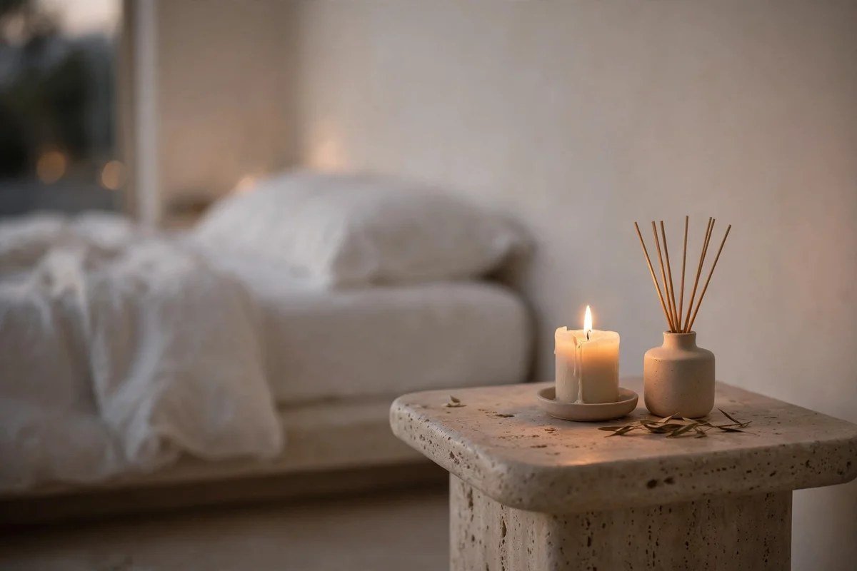 Minimalist bedroom evening corner with candle and diffuser on side table