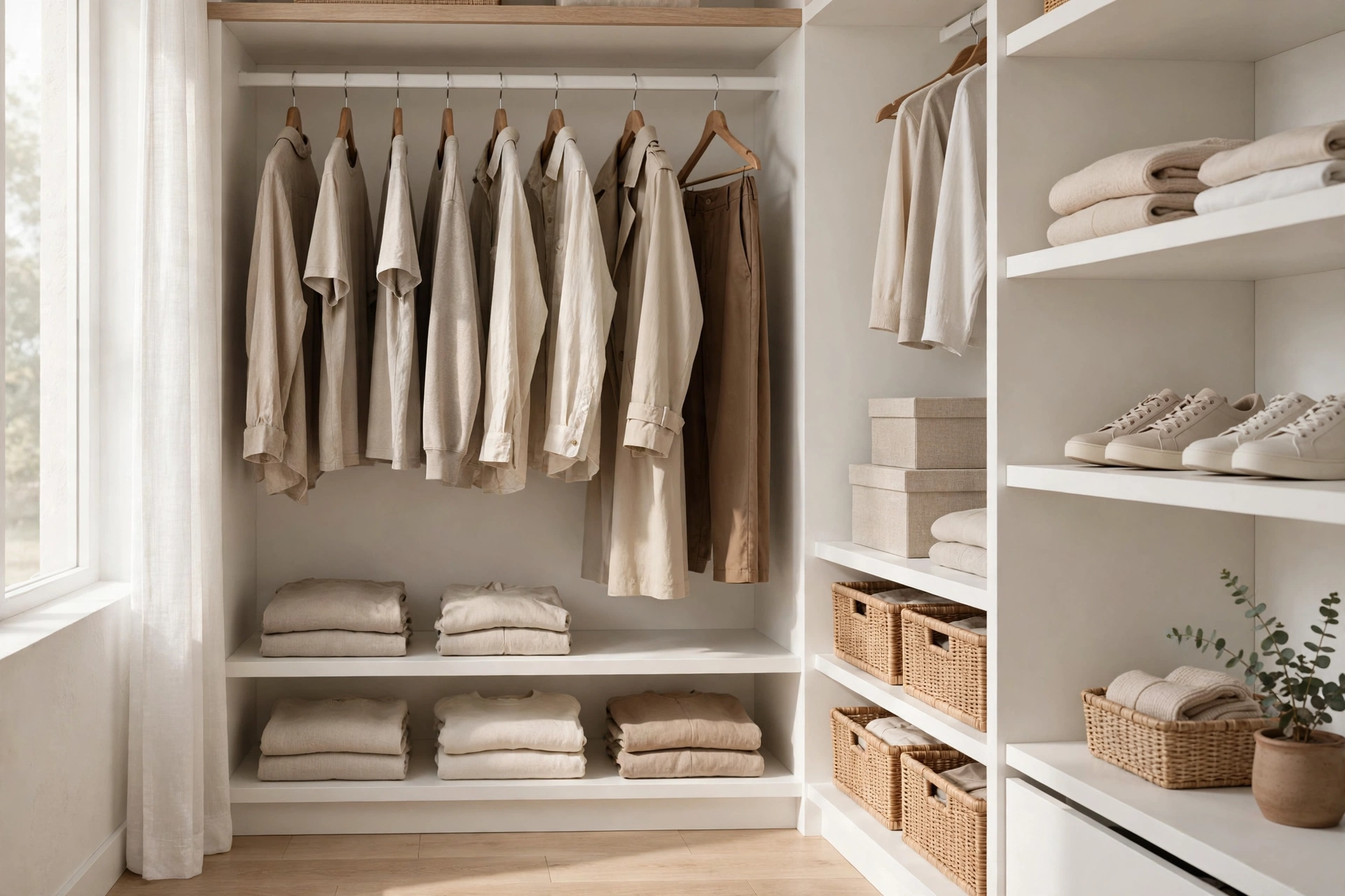 Neatly organized minimal closet with curated clothing in a studio apartment