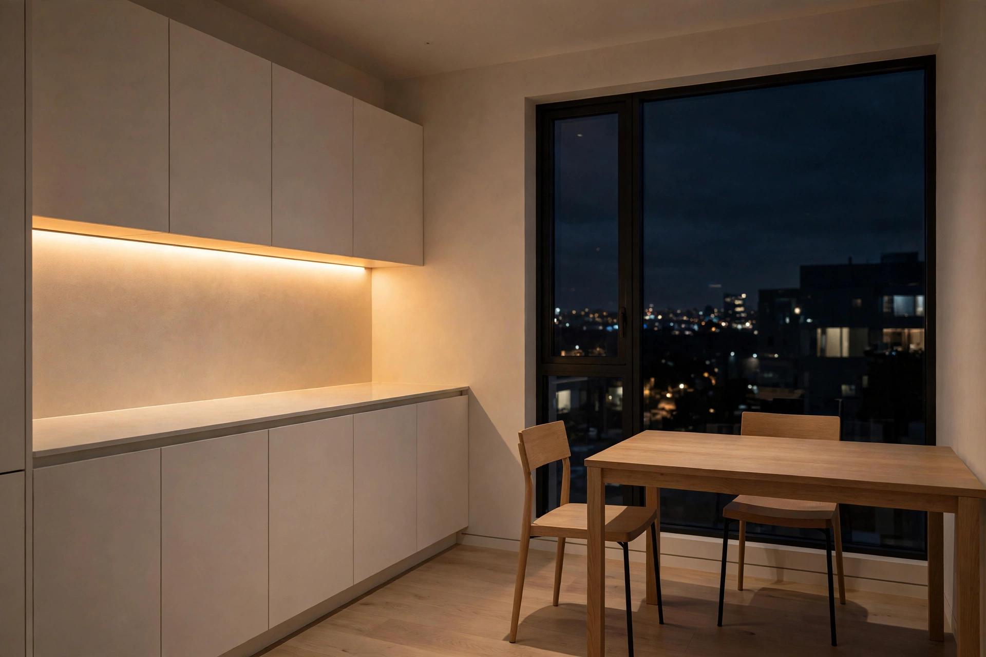 Completely clear kitchen counter and table in a minimalist studio apartment at night