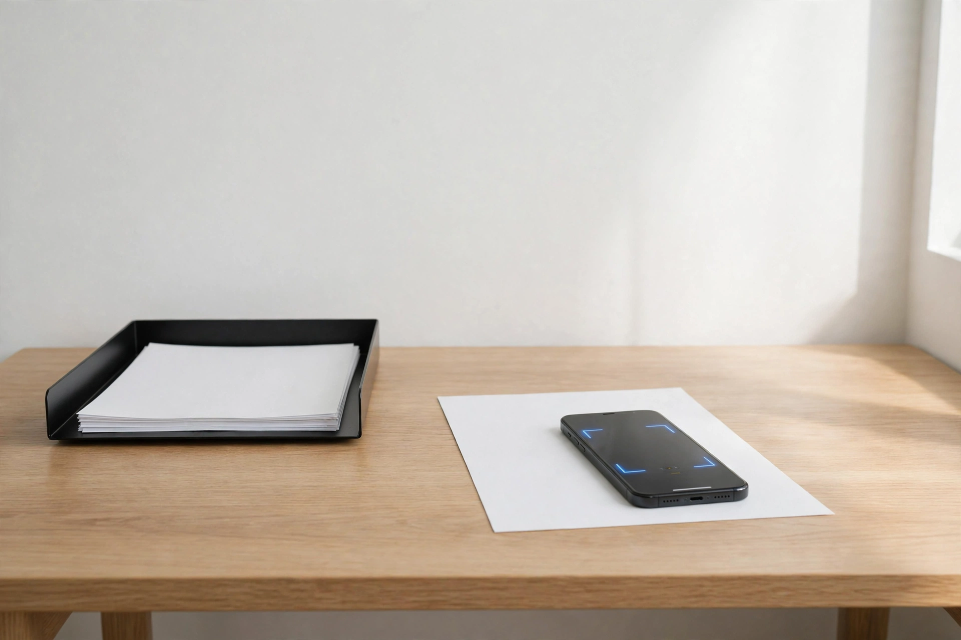 Clean desk with phone scanning documents beside a single slim paper tray in a minimal studio