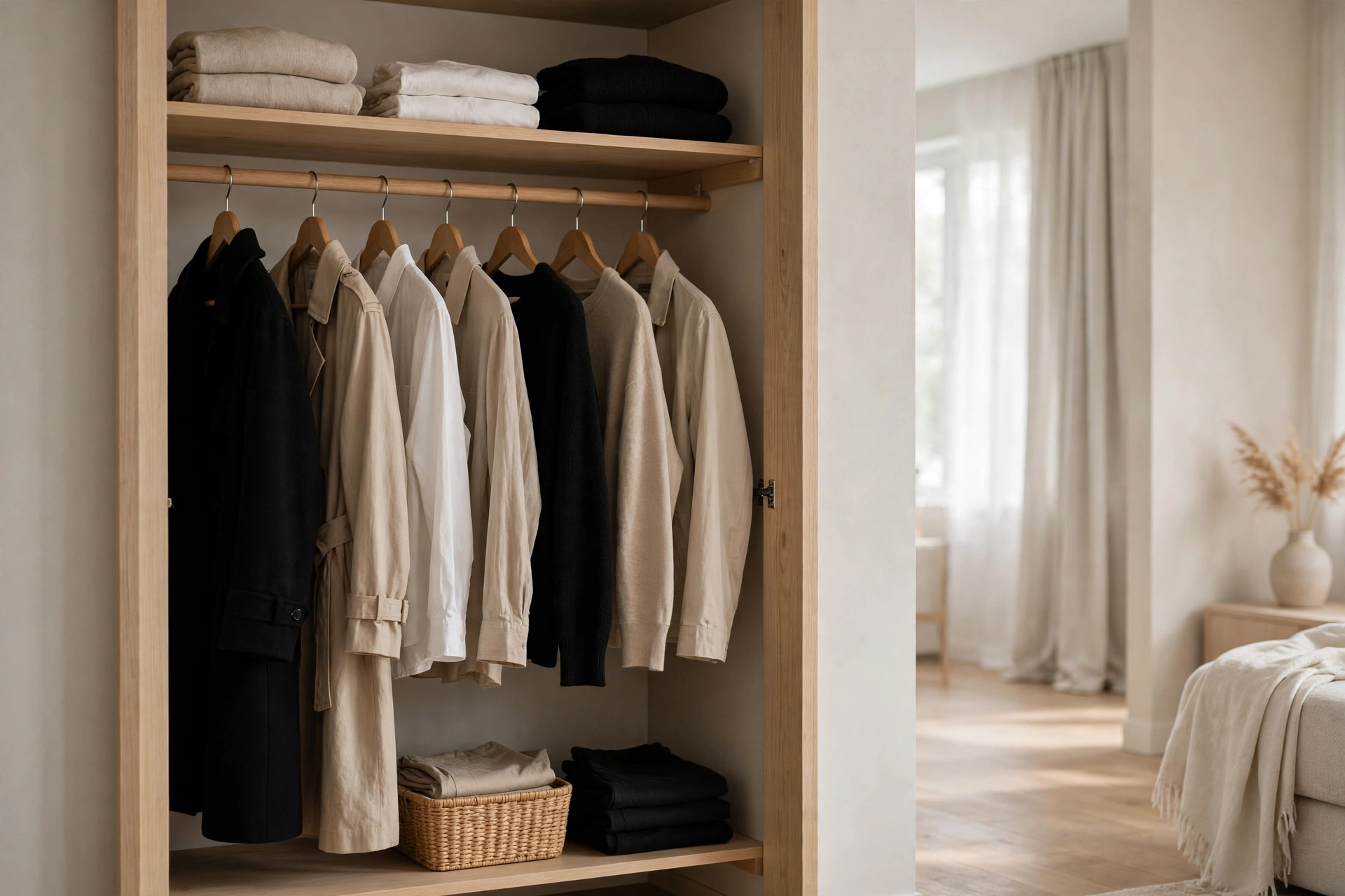 Small curated capsule wardrobe in neutral tones on matching hangers in a studio closet