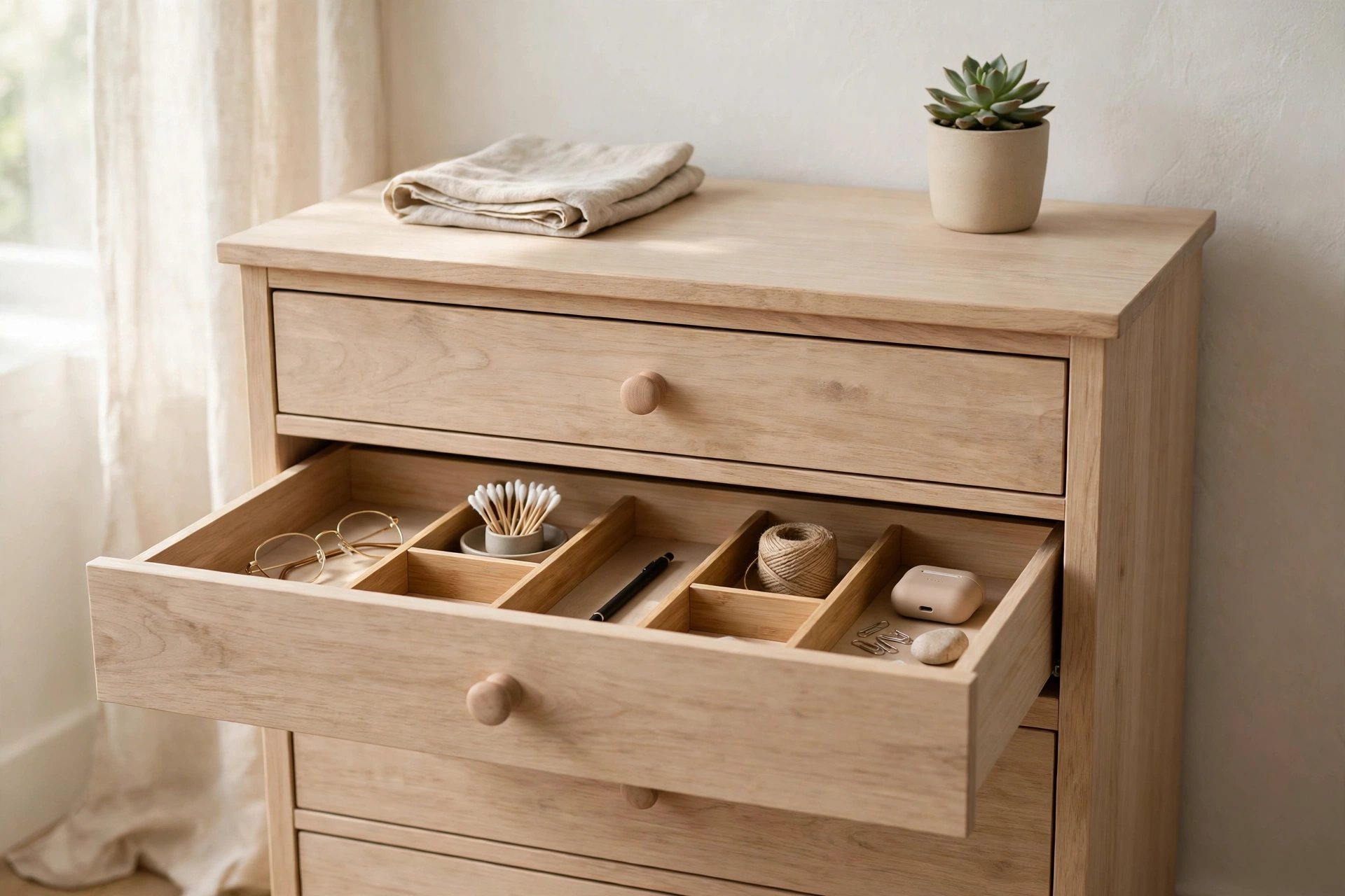 Single organized drawer with bamboo dividers holding minimal essentials in a studio apartment