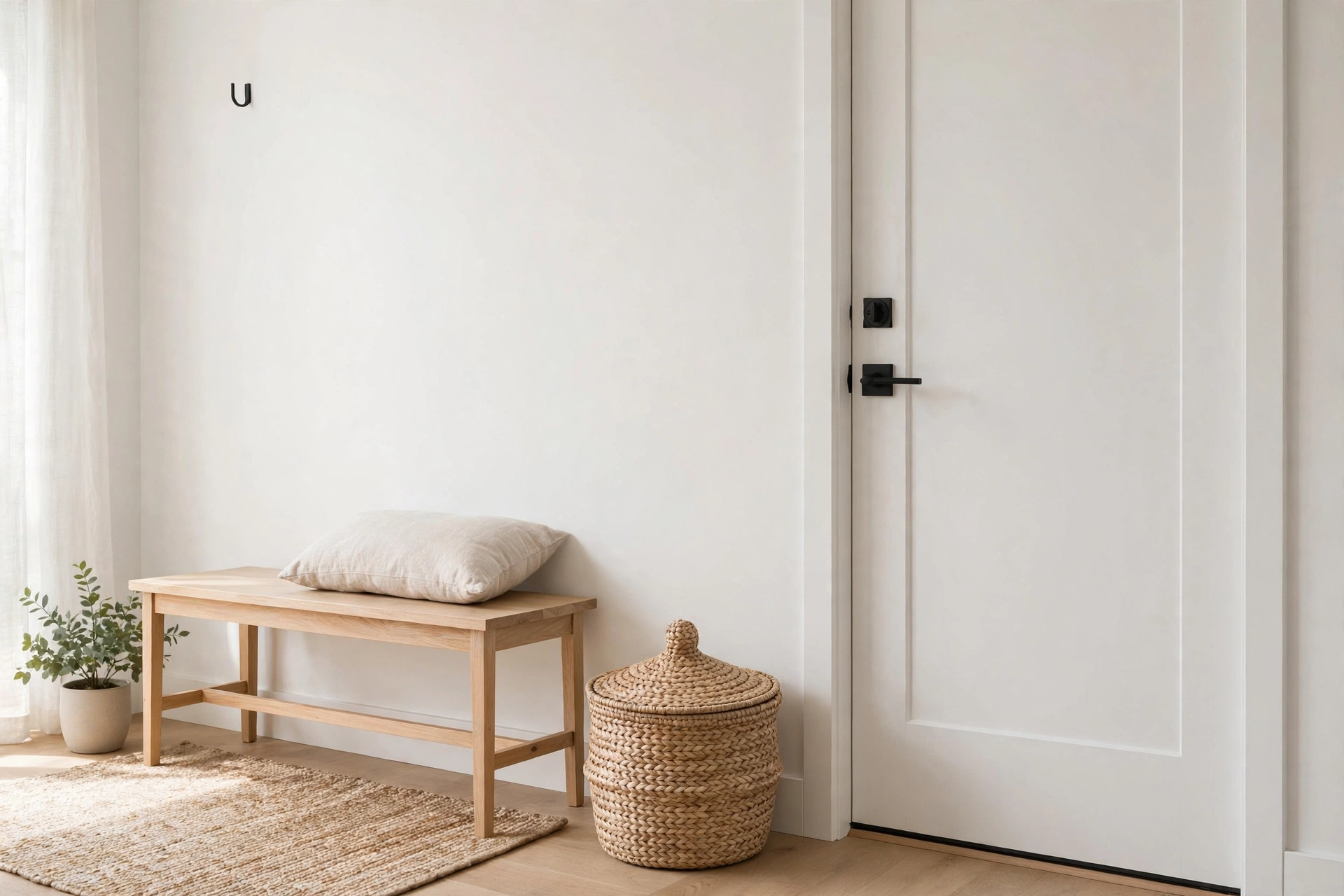 Woven seagrass basket by a studio apartment entry door used as a donation collection box