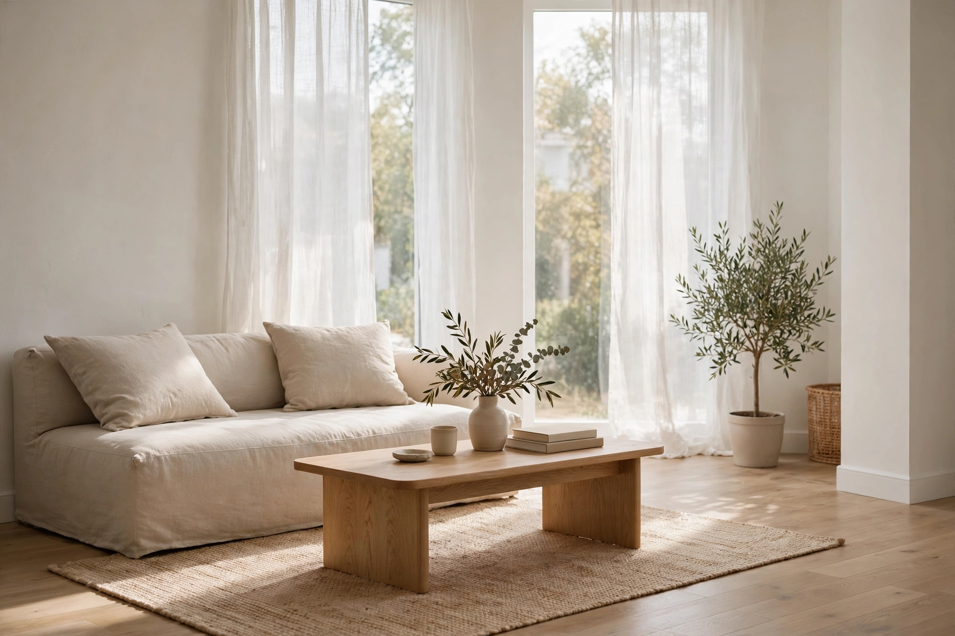 Warm white walls in a calm minimalist studio apartment living area with soft daylight