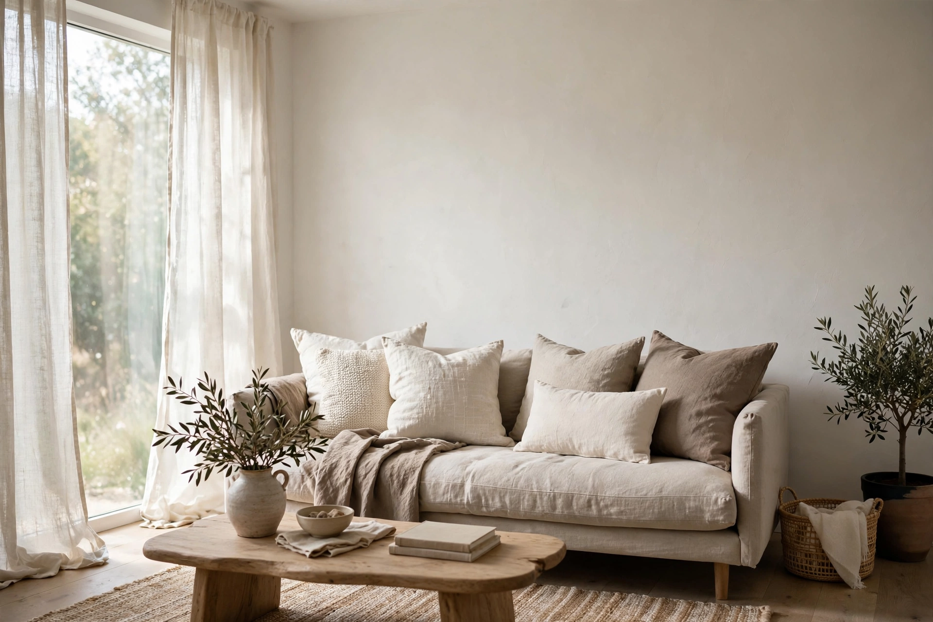 Sofa styled with layered neutral cushions in ivory oatmeal and taupe in a minimal studio