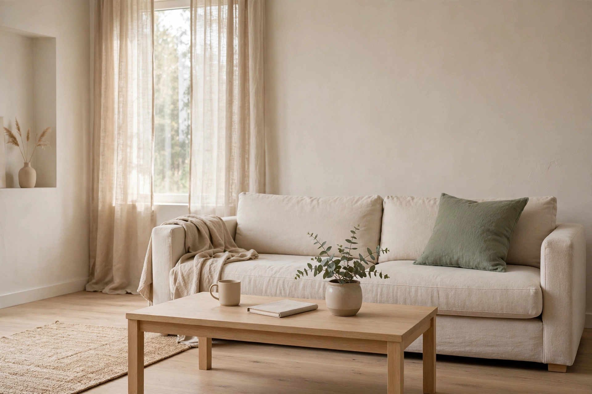 Neutral minimalist studio living room with single sage green accent in cushions and plant pot
