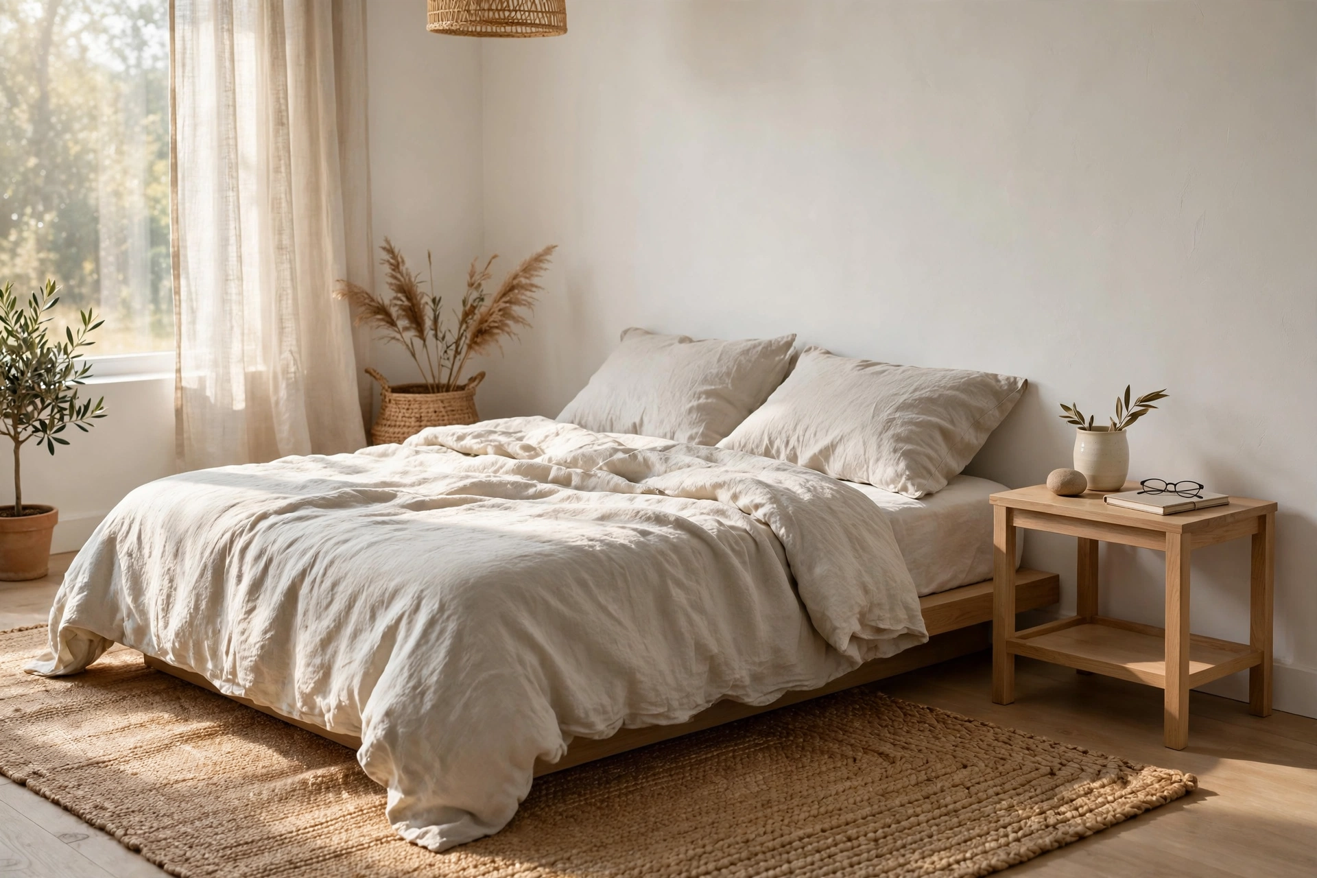 Minimalist studio bedroom with linen bedding jute rug and light oak furniture textures